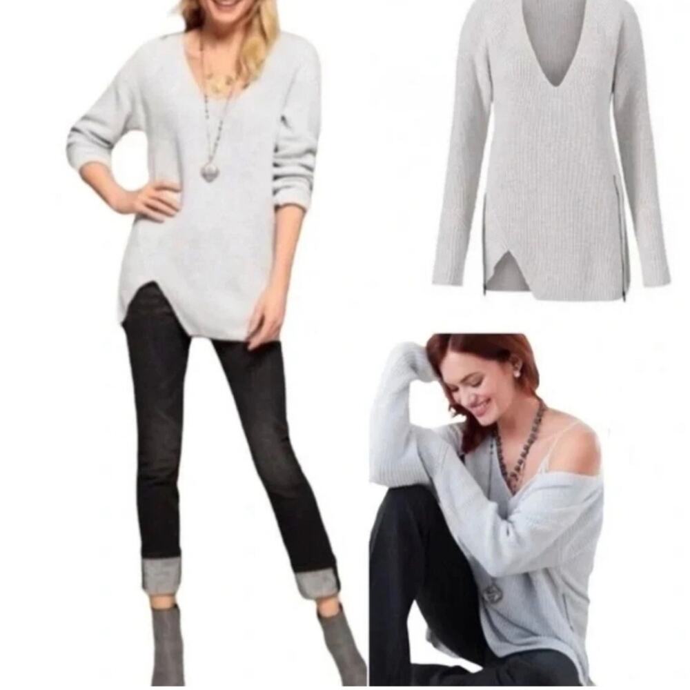 Cabi Gray Ribbed Chunky Side Zipper Sweater Asymetrical V-neck